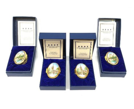 Four boxes Halcyon days enamel boxes, comprising two examples detailed with Durham Cathedral, and two with Norwich Cathedral.