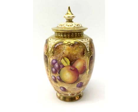 A Royal Worcester vase and cover, the body of ovoid for painted with apples, peaches and berries, signed T Nutt, with black p