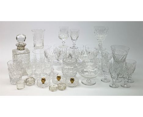 A silver mounted cut glass decanter, hallmarked Barker Ellis Silver Co, Birmingham 1979, together with a selection of crystal