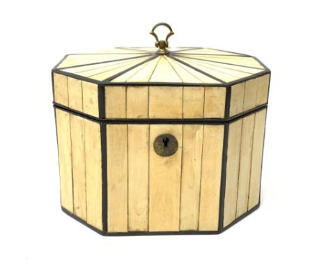 George III ivory tea caddy, of octagonal form with ebony stringing, brass handle and escutcheon, H13cm x W16cm  - Condition R
