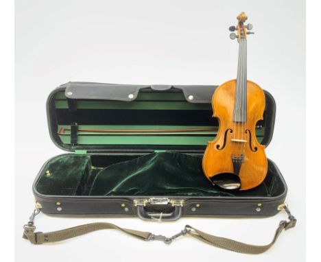 Late 19th century continental violin, possibly Italian, with 36cm two-piece maple back and ribs and spruce top, bears label '