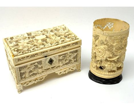 19th century Cantonese carved and pierced ivory small trinket box, L13.5cm and a similar cylindrical vase on hardwood stand H