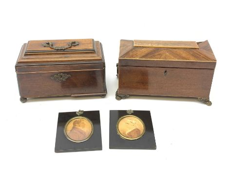 A Georgian mahogany tea caddy, L24cm, together with a Victorian mahogany example, L26cm, and two portrait miniatures in eboni