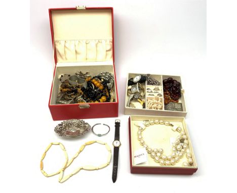 Collection of vintage and later costume jewellery and watches including amber type bead necklaces, pearl necklaces, silver st