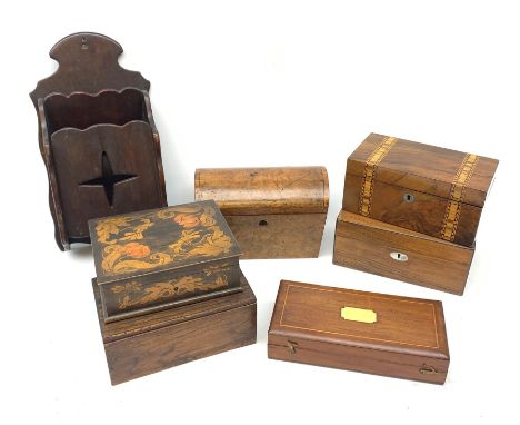 Victorian walnut inlaid tea caddy, Victorian burr walnut dome top tea caddy, George V carved mahogany candle box dated 1914 t