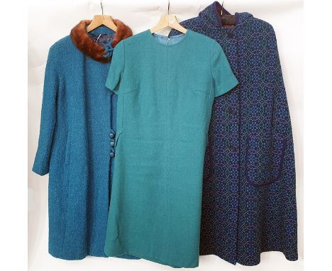 Various 60's and 70's dresses, a boucle turquoise wool coat with stylised buttons and a mink collar, a wool shift dress, a We
