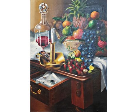 Ronald Smith (1930-1999)Oil on canvas Still life study of various fruits, wine decanter and brass candlestick, unsigned but b