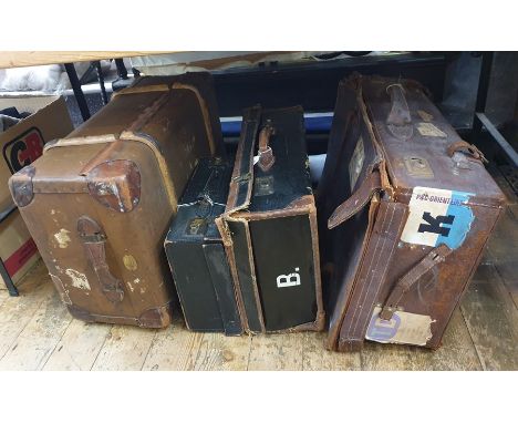 Various vintage cases including a large leather travelling trunk with P&O labels Oriental line, a leather case, a small black