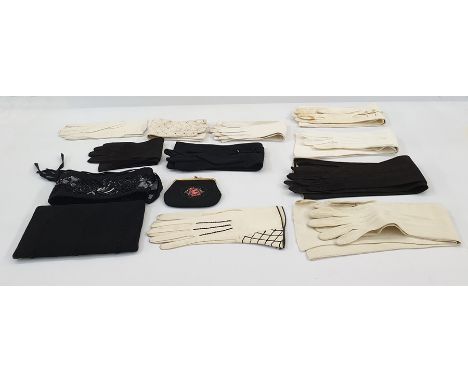 Quantity of vintage kid and leather evening gloves, long and short, pearl buttons, an embroidered black cummerbund with beads