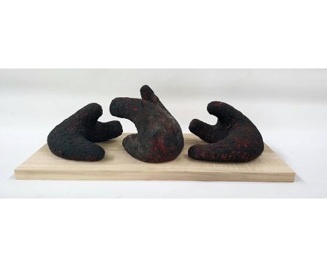 Marlene Badger terracotta&nbsp;sculpture -&nbsp; "On Guard",&nbsp;three works set on single wooden plinth, sign to wooden pli