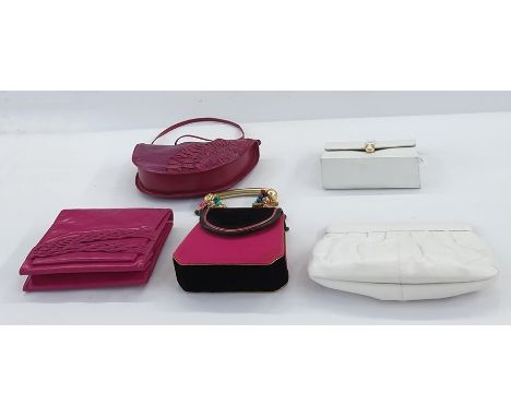 Vintage bags including Charles Jourdan white leather clutch bag with petal edge, Helene Ongeli&nbsp;pink satin and black velv