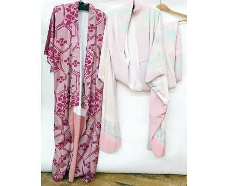 Screen silk printed Oriental coat and a crepe kimono in shades of pastel colours (2) Condition Reportsize 12-14