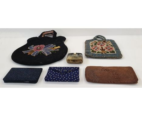 Various vintage evening bags, two beaded and including a fabric polka-dot evening bag, a horn clutch bag, a large woolwork fe