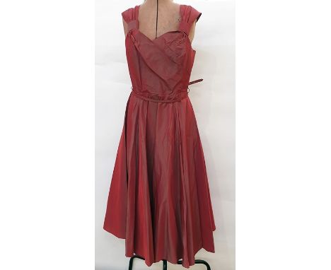 Various vintage dresses including 1950's rust-coloured satin cocktail dress with belt, a black lace, satin and beaded full-le