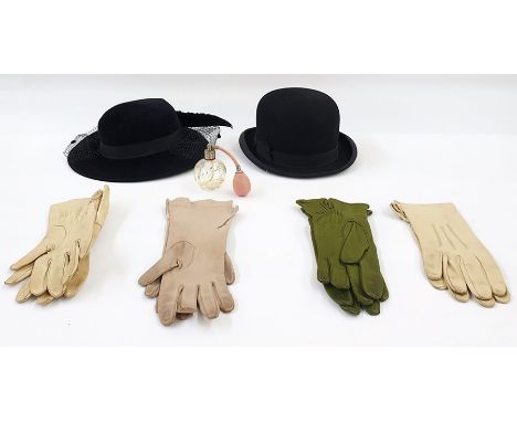 Gentleman's bowler marked 'Thomas Townend & Co, London', a vintage scent bottle, vintage gloves, a vintage atomiser, a black 