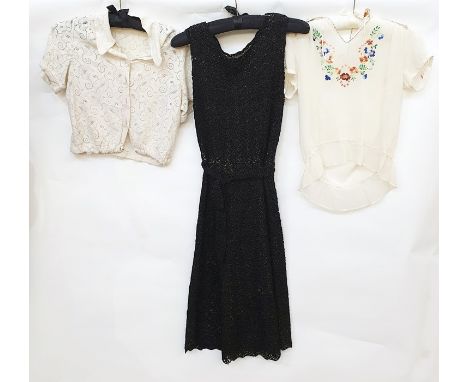 Black shift dress with black beaded lace over flesh coloured net with a belt, a vintage cream blouse, a silk Hungarian-style 