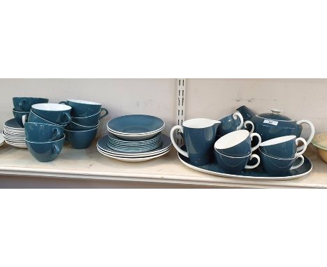 Mid 20th century Poole pottery tea set in teal blue and cream and several matching Poole items including sauceboat, two Stava