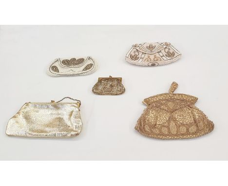 Various vintage evening bags, beaded, a gold kid leather evening bag and a gilt chain-mail purse, the frame made in USA, no. 