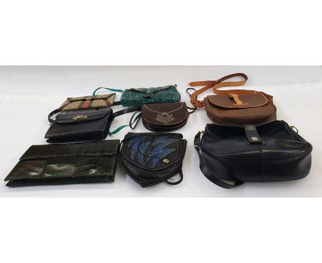 Various vintage leather bags including green-dyed crocodile clutch bag with flap over and stud front, a leather and fabric cl
