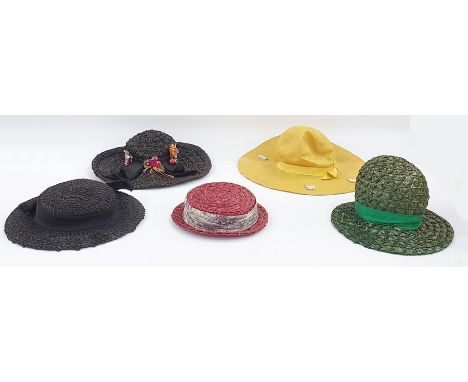 Various vintage hats including a black straw decorated with faux-flowers, a large coolie hat with felt flower decoration, a v