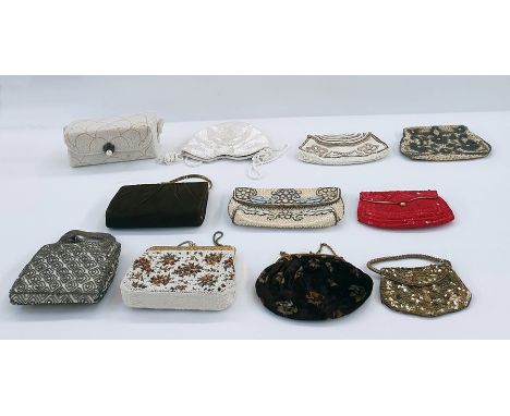 Quantity of various vintage evening bags including a brown suede minaudier with gilt-coloured fastening and flat-link chain h