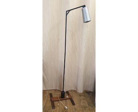 20th century spot lamp with brushed steel effect shade, tubular metal support on teak base