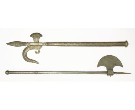 An Indian steel combination axe and ankus (elephant goad),decorated with silver damascene, andan Indian steel axe,lacking flu