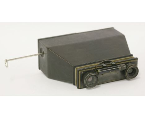 A Photo-Jumelle stereoscopic plate camera,complete with leather case,20cm wide, anda mahogany plate camera,19th century,plate