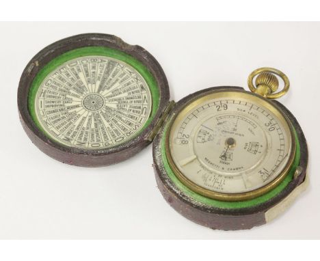 A Negretti & Zambra brass aneroid pocket weather foreteller/weather watch, early 20th century, with silvered dial and adjusta