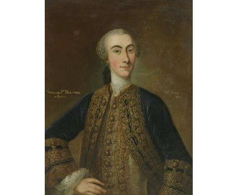 Circle of Enoch Seeman (1694-1744)PORTRAIT OF THOMAS THYNNE, 1ST MARQUESS OF BATH, HALF LENGTH IN A RICHLY EMBROIDERED BLUE C
