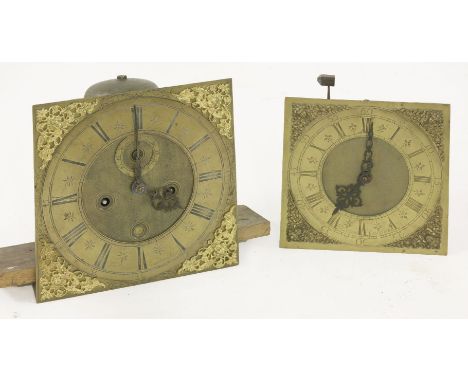 A longcase clock movement,early 18th century, the 11in square brass dial inscribed 'Wm. Grimes Londini Fecit', with ringed wi