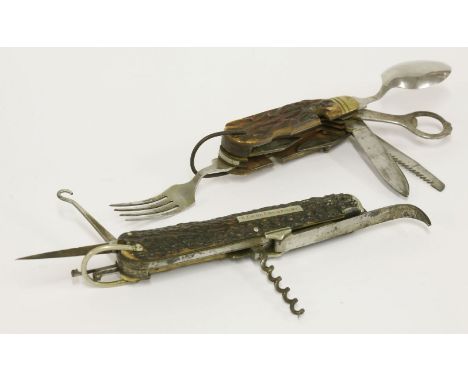 A travelling folding 'canteen',comprising: fork, two bottle openers, saw, knife, spoon etc. within antler and brass-mounted h