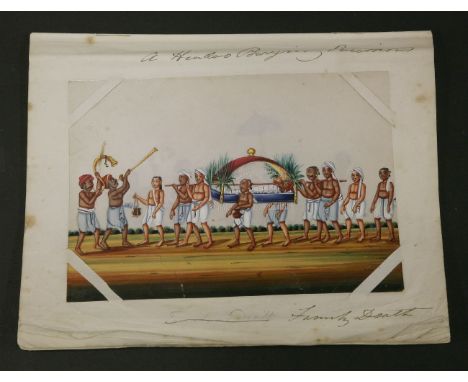 South Indian: mica paintings,mid-century and with handwritten inscriptions:'A Hindoo Burying Procession, Family Death','Marya
