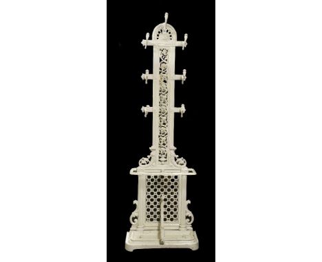 A Victorian painted and cast iron coat stand,with four tiers of hooks over a stick stand, with removable tray,181.5cm high