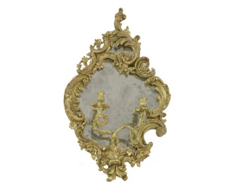 A gilt wood and carved two-light girandole, late 18th century, the scrolling frame with acanthus leaf decoration, repairs52cm