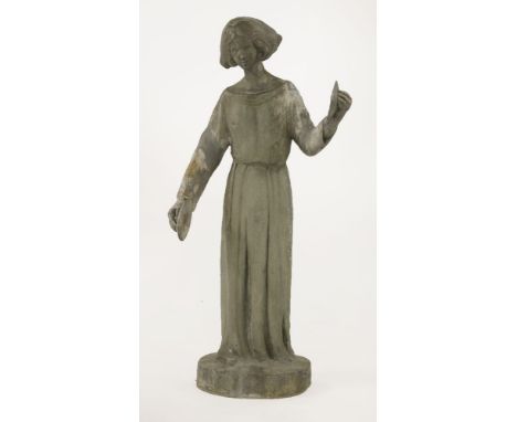 A lead garden statue,20th century, depicting a lady in long robes playing cymbals, 96cm high