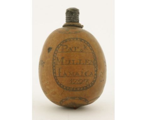 An unusual engraved West Indian nut flask,dated 1793, engraved 'Pat.k Mullen Jamaica 1793' within a dogtooth panel, the oppos