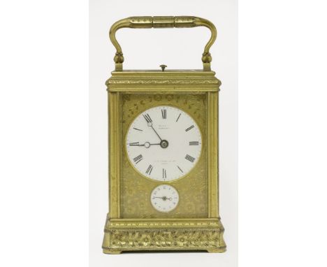 An eight-day brass carriage clock,  by Drocourt, Paris, with engraved detailing, the white enamel dial with Arabic numerals a
