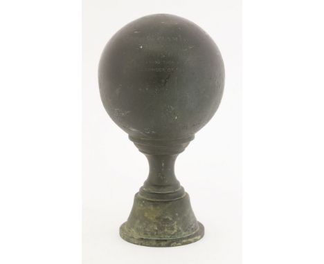 A bronze post finial,the ball inscribed 'To Jamie, The Only Four-Legged "Griffin Harrier" With Affection From The Remainder o