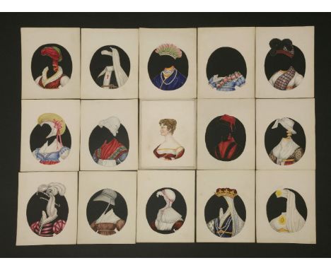 A Regency hand-painted card game, a profile portrait of Emily M J Cooper, dated March 17th 1825, together with fourteen cut o
