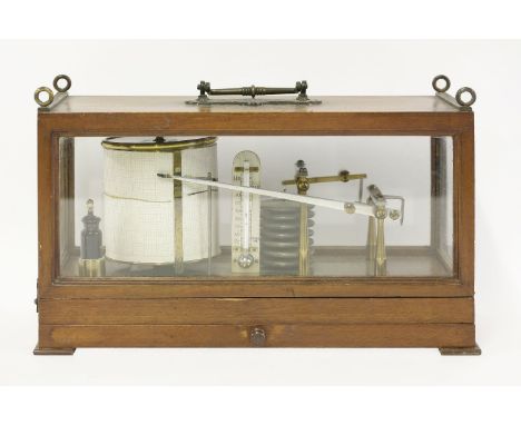 An Edwardian mahogany-cased barograph,by H Hughes & Son Ltd., Fenchurch St. No. 512, with thermometer, the case secured with 