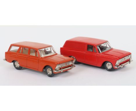 Two Novexport (Russian) Moskvitch Diecast Models, 1:43 scale,A5 433 Van, red body, grey interior,, black metal base, detailed