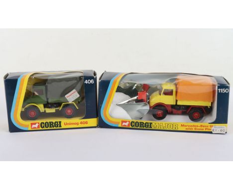 Corgi 1150 Mercedes-Benz Unimog 406 with snow plough, yellow cab, red interior/plastic wheel hubs, red chassis, tan plastic r
