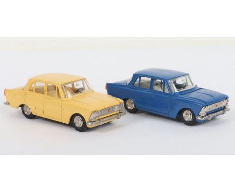 Two Novexport (Russian) A1 Moskvitch 408 Cars Diecast Models, 1:43 scale,1. dark blue body, white interior, detailed wheel hu