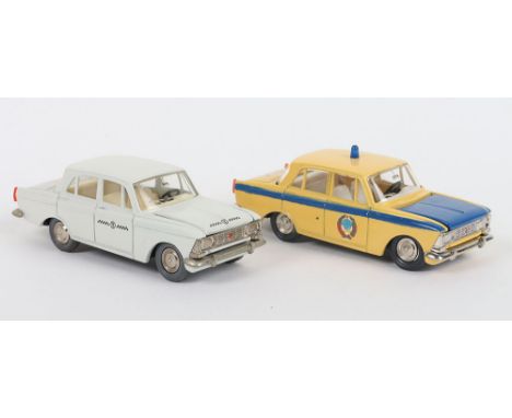 Novexport (Russian) A8 Moskvitch 412 Police Car, pale yellow body/ blue  bonnet/side stripe, white interior, detailed wheel h