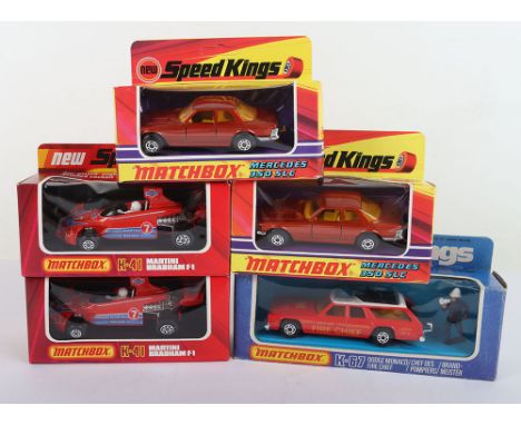 Four Matchbox Lesney Speedkings, 2 x K-41 Martini Brabham F-1 Racing Cars, red bodies 2 x K-48 Mercedes 350 SLC, metallic bro