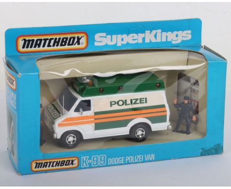 Two Matchbox Superkings, K-99  German Export Dodge Polizei Van, green/white body, blue glass, red interior, two policeman fig
