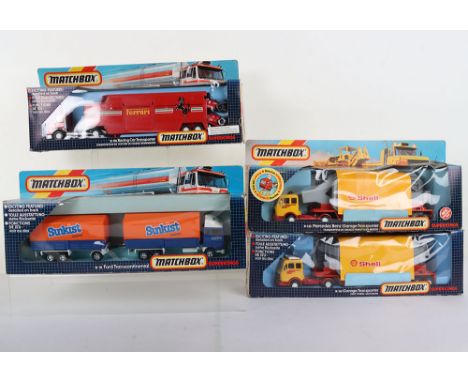 Four Matchbox Superkings, K-21 Ford Transcontinental Sunkist, K-116 Iveco Ferrari Racing Car Transporter, with two racing car