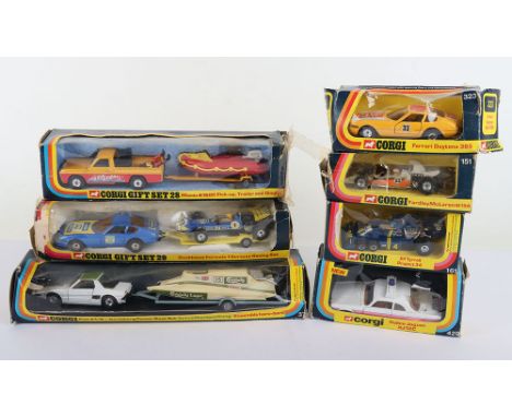 Seven Boxed Vintage Corgi Toys, including: set 28 Mazda B1600 Pick Up trailer and Dingy, gift set 29, Duckham’s formula 1 Sur