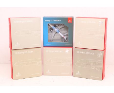 Emirates: A collection of six boxed 1:400 Scale Gemini Jets Emirates planes. Original boxes, box condition is generally good.